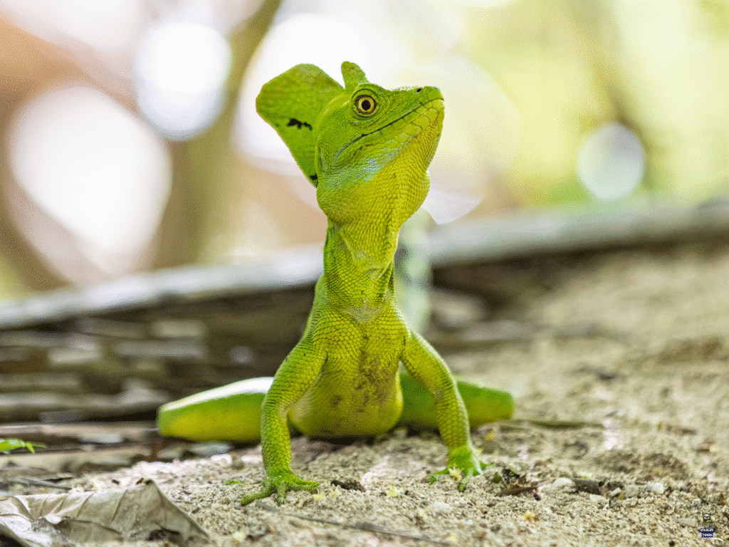 Green basilisk lizard, also known as the Jesus Christ lizard, basking on a branch in Cahuita National Park